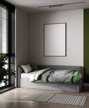 poster çerçevesi çocuk yatak odası, İskandinav tarzı iç arka plan, 3d render, 3d çizim kadar alay