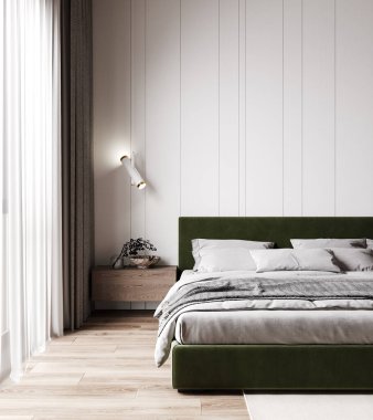 Minimalist modern yatak odası. İçi yeşil yatak, 3 boyutlu.
