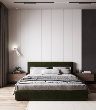 Home bedroom interior mock up with green bed, bedside tables with empty white wood wall background, 3d illustration