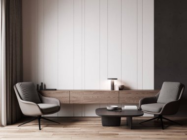 Modern koltuklar ve ahşap duvar paneli olan şık bir iç mekan. 3d oluşturma