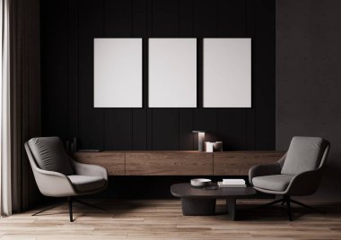 Modern iç plan, oturma odası, İskandinav tarzı, 3D çizim, 3D resim