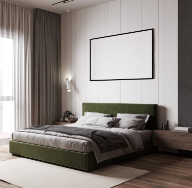 Dostça bir iç mekan. Yatak odası. Çerçeve modeli. Poster modeli. 3d görüntüleme, 3d illüstrasyon