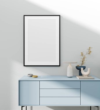 Çerçeveyi ev içi arka planda modelle, mavi mobilyalı beyaz duvar, modern tarz, 3D görüntüleme