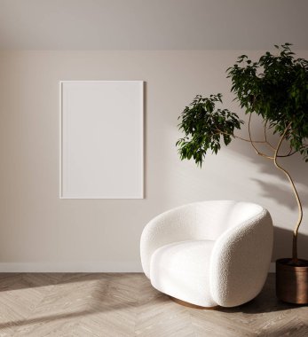 Modern iç plan, oturma odası, İskandinav tarzı, 3D çizim, 3D resim