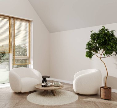 Modern oturma odası tasarımı, modaya uygun ev aksesuarları olan beyaz minimum koltuk, 3 boyutlu tasarım.