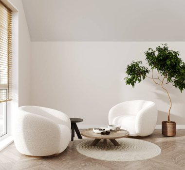 İç mekan aydınlatma odası, iç mekan modeli, boş beyaz duvar, 3D tasarım.