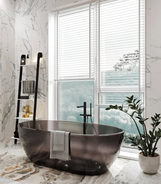 Luxury modern home bathroom interior with glass bathtub, shelf, plant and window, white marble. 3d rendering