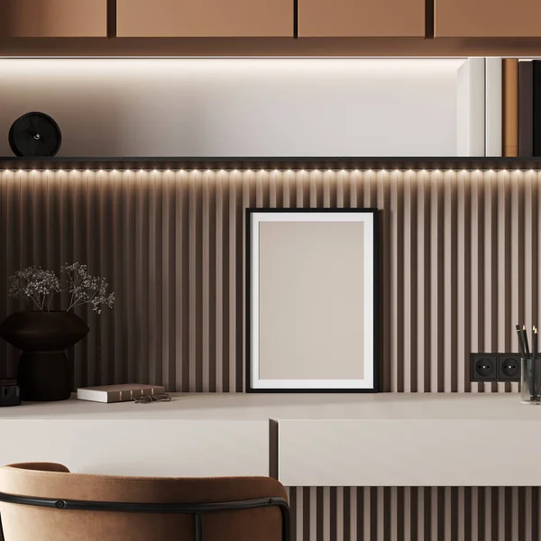 Mock poster in home office, minimalism concept, 3d render.