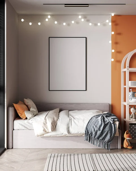 Dikey çerçeve, çocuk odasının içinde yatak ve yumuşak oyuncaklarla, 3D görüntüleme ile modellenir.