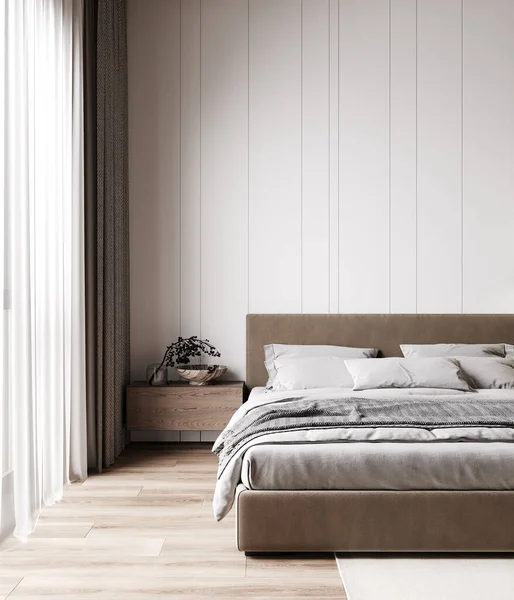 Rendering Beige Elegant Chic Luxury Bedroom Wooden Table Decoration Curtains — Fotografia de Stock