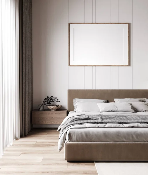Mock Poster Frame Modern Interior Background Bedroom Scandinavian Style Render — Stock fotografie