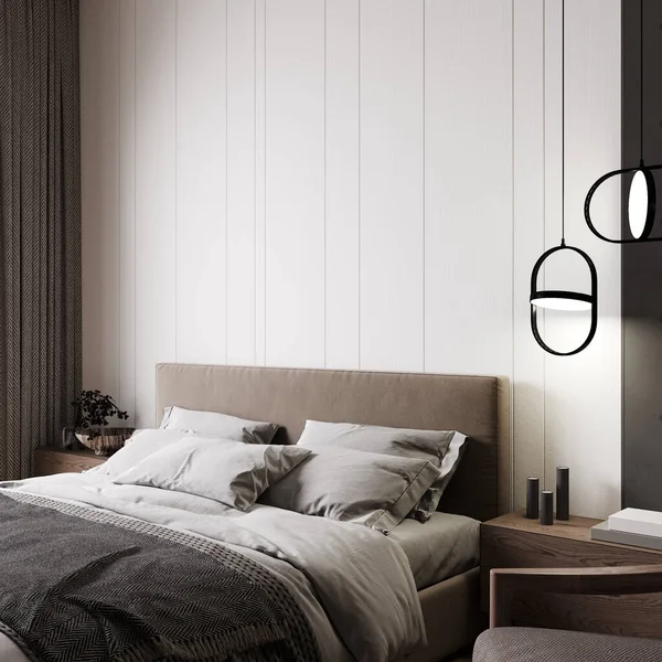 Modern Style Bedroom Interior Wooden Panel Wall Light Close Gray — Fotografia de Stock