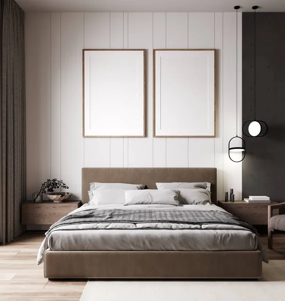 Mockup Poster Frames Modern Bedroom Interior Render — Stock fotografie