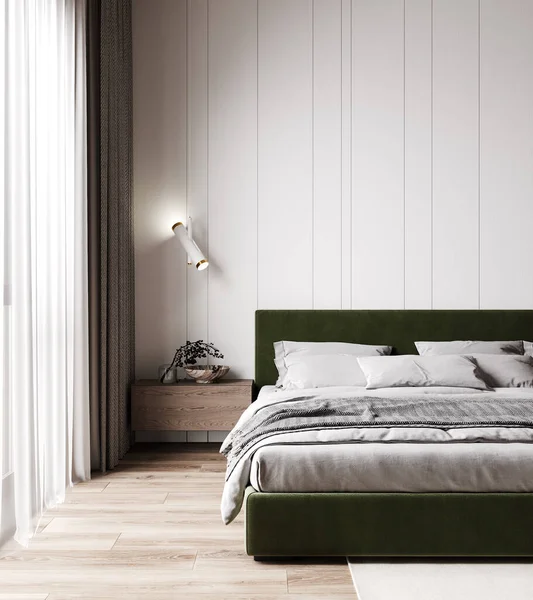 緑のベッドルーム 3Dレンダリング付きのミニマリストモダンなベッドルームインテリア — ストック写真