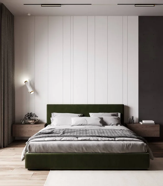 ホームベッドルームインテリアモックアップ付き緑のベッドルーム 空の白い木の壁の背景とベッドサイドテーブル 3Dイラスト — ストック写真
