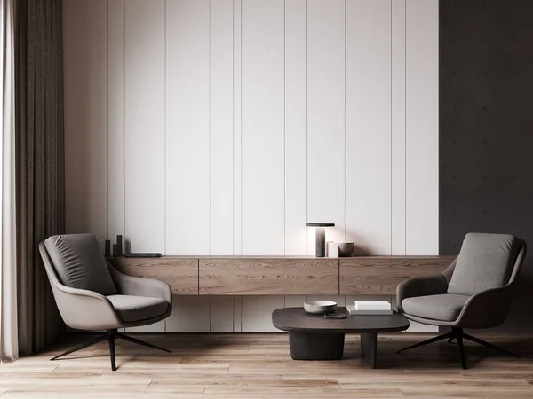 Stylish Interior Modern Armchairs Wooden Wall Panel Rendering — Photo