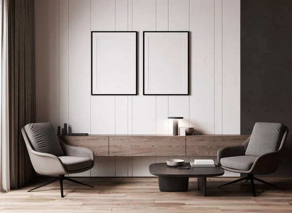 Mockup Poster Frame Modern Interior Design Wooden Panel Living Room — Photo