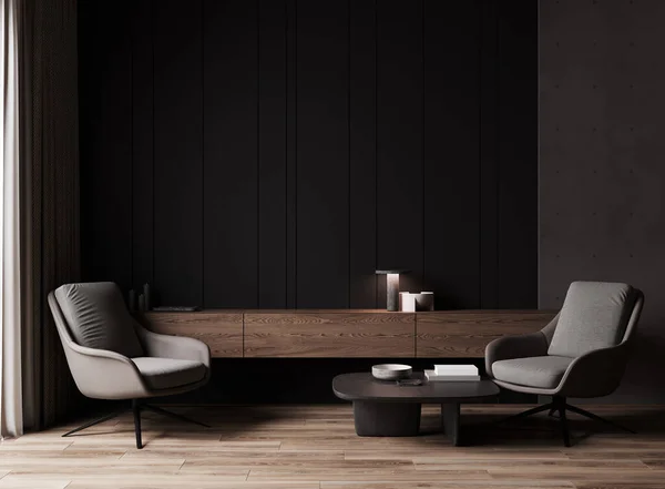 Modern Luxury Dark Living Room Interior Background Grey Armchair Wooden — Photo