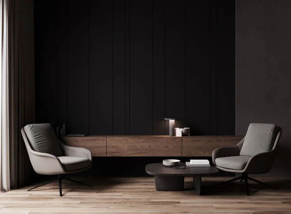 Modern luxury dark living room interior background with grey armchair and wooden chest drawer, dark room interior mock up, black empty wall mockup, vintage living room mockup, 3d rendering
