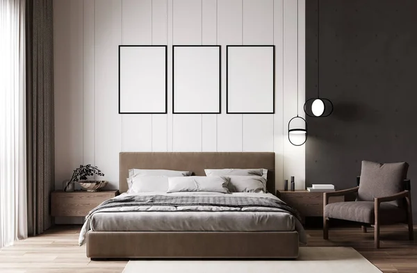 Poster Frames Mock Modern Bedroom Interior Beige Tones Rendering — Fotografia de Stock