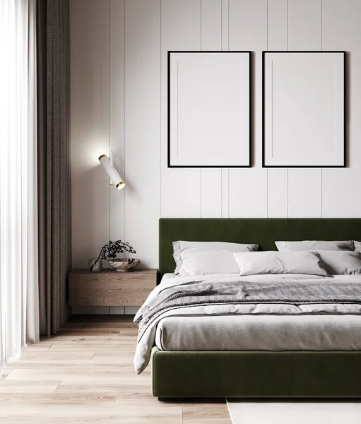 Molduras Cartaz Branco Interior Quarto Moderno Para Simular Ilustração — Fotografia de Stock