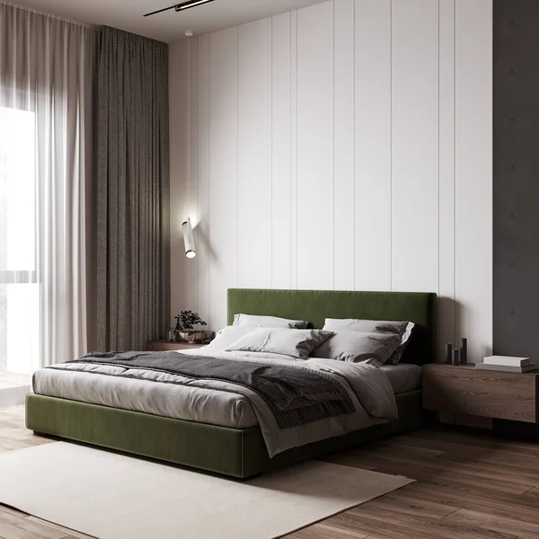 Interior bedroom wall mock up, minimalist style, white wall, green bed, 3d render