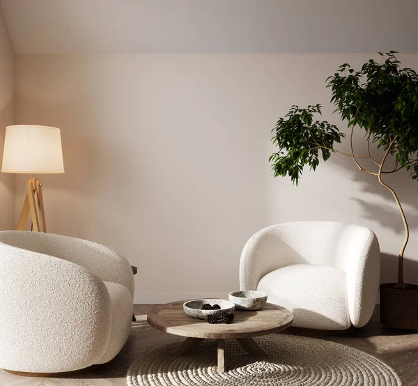 Beyaz koltuklu, beyaz renkli modern oturma odası, boş duvar modeli, 3D görüntüleme