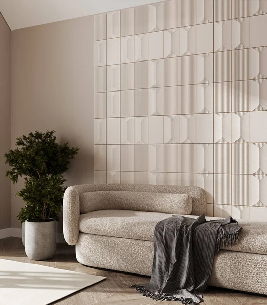 Interior Boêmio Branco Bege Com Decoração Parede Planta Bege Sofa — Fotografia de Stock