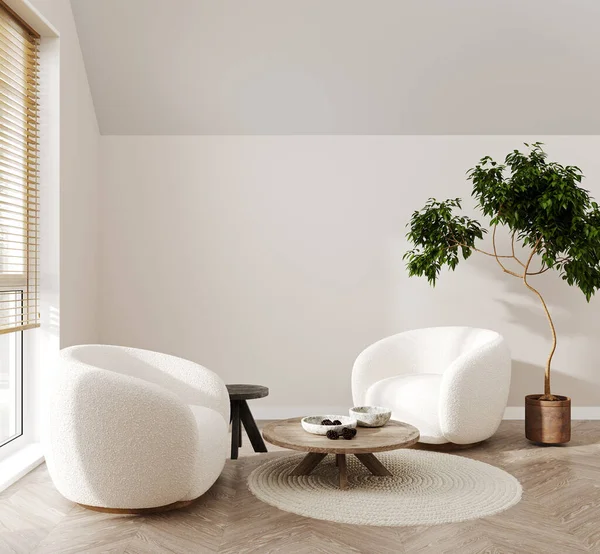 Light room interior, living room interior mockup, empty white wall, 3d rendering