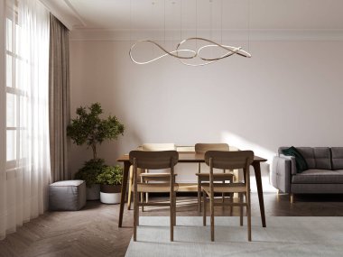 İçi masa ve sandalyeyle aydınlık oturma odası, üç boyutlu görüntüleme