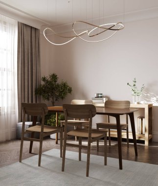 Ev modeli, rahat modern mutfak iç mimarisi, 3D tasarım.