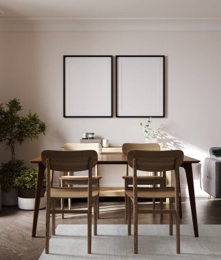 Modern iç plan, oturma odası, İskandinav tarzı, 3D çizim, 3D resim