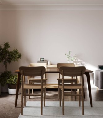 Tarafsız beyaz duvar arka planında ahşap mobilyalar olan İskandinav tarzı oturma odası. 3B görüntüleme.