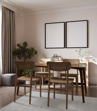 Çerçeveyi rahat, modern yemek odasının içinde 3D olarak düzenleyin.