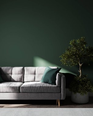 Lüks karanlık oturma odası arka planı, yeşil boş duvar, oturma odası modeli, gri kanepesi ve bitkisi olan modern oturma odası, İskandinav tarzı, 3D görüntüleme