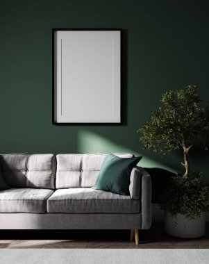Frame mockup in home interior, living room in dark green color, 3d render