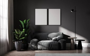 Boş resim çerçevesi, gri renkli odanın iç yüzeyi, 3D görüntüleme