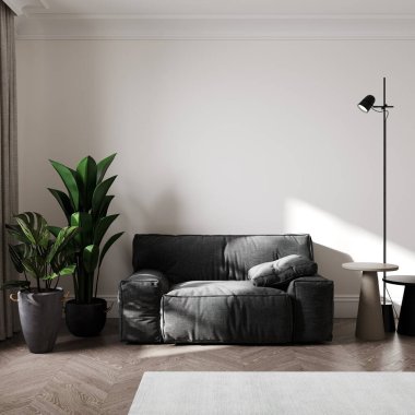 Şık oturma odası iç mimarisi, 3 boyutlu tasarım.