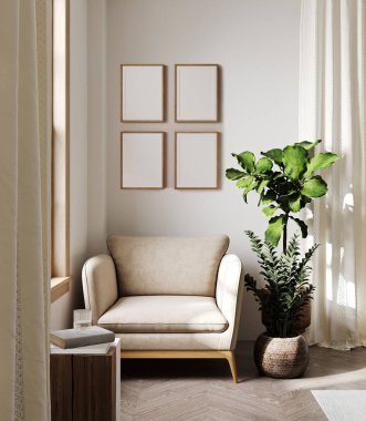 Oturma odasının iç tarafındaki bej duvarda 4 adet poster çerçevesi, rahat koltuk, 3 boyutlu resim, 3 boyutlu resim.