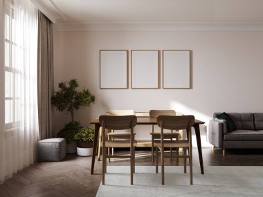 Boş dikey poster çerçeveleri modern oda iç planında bej duvar ve şık mobilyalar, 3D görüntüleme 