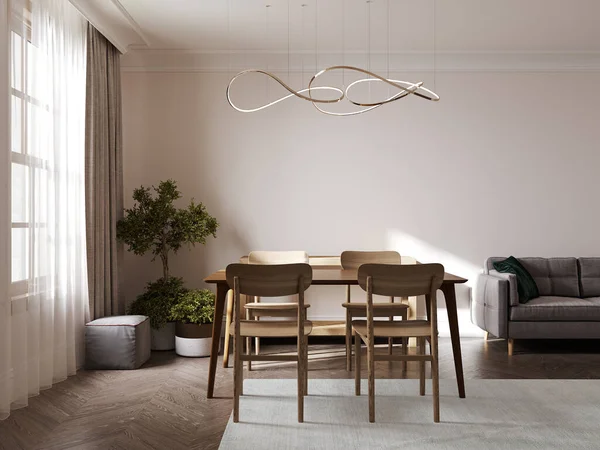 İçi masa ve sandalyeyle aydınlık oturma odası, üç boyutlu görüntüleme