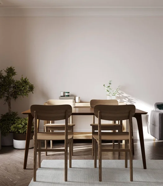 Tarafsız beyaz duvar arka planında ahşap mobilyalar olan İskandinav tarzı oturma odası. 3B görüntüleme.