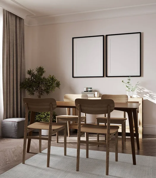 Çerçeveyi rahat, modern yemek odasının içinde 3D olarak düzenleyin.