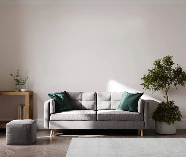 Stylish Living Room Interior Mockup Empty Light Wall Sofa Rendering — 图库照片