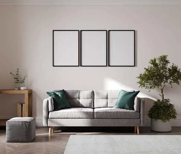 客厅内用米色墙壁上的空的招贴画框架 配有现代家具和植物 灰色沙发和绿色枕头 3D渲染 — 图库照片