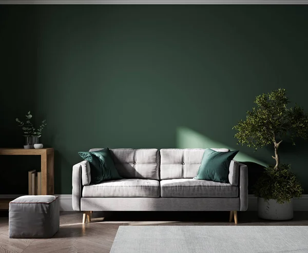 Home interior mock-up with green wall and gray sofa, table and decor in living room, 3d render