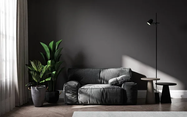 Luxury Dark Living Room Interior Background Black Empty Wall Mock — Stock Photo, Image