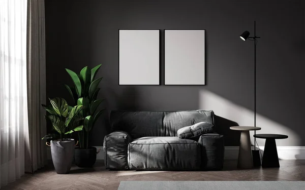 Blank picture frame mock up in gray color room interior, 3d rendering