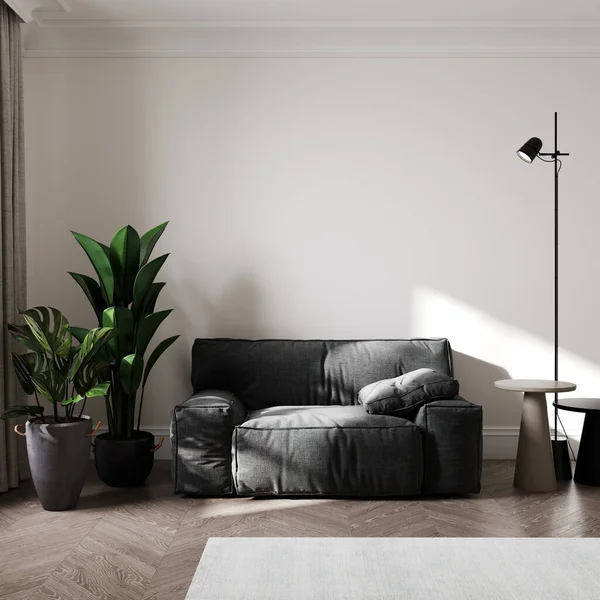 Şık oturma odası iç mimarisi, 3 boyutlu tasarım.