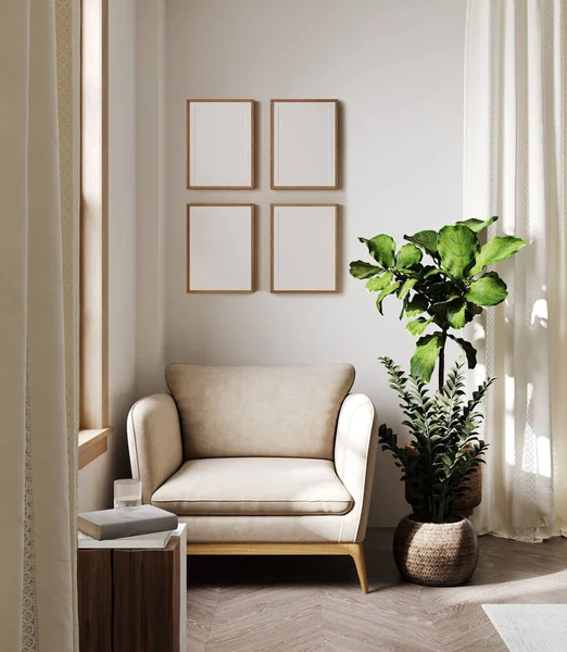 Oturma odasının iç tarafındaki bej duvarda 4 adet poster çerçevesi, rahat koltuk, 3 boyutlu resim, 3 boyutlu resim.